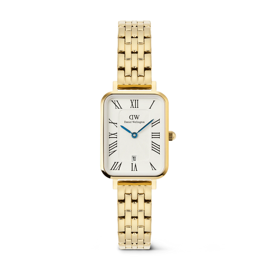 DANIEL WELLINGTON QUADRO ROMAN NUMERALS WHITE DIAL WITH DATE LADIES GOLD STAINLESS STEEL WATCH