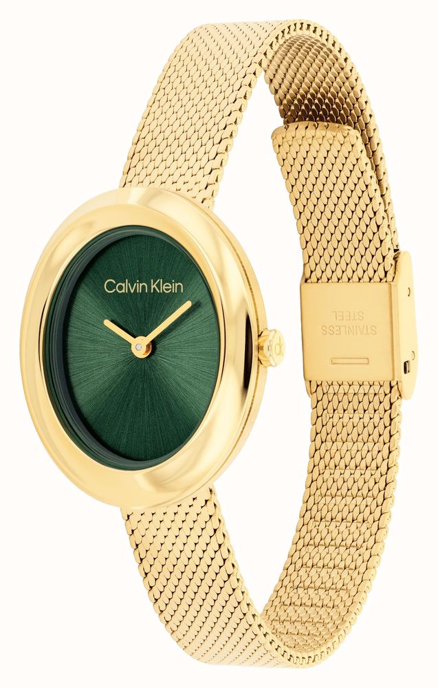 CALVIN KLEIN GREEN OVAL DIAL LADIES GOLD MESH WATCH