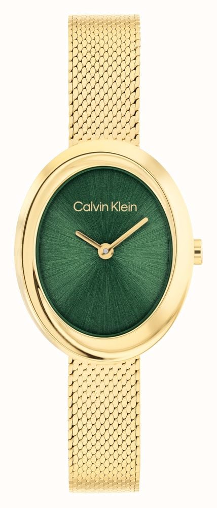CALVIN KLEIN GREEN OVAL DIAL LADIES GOLD MESH WATCH