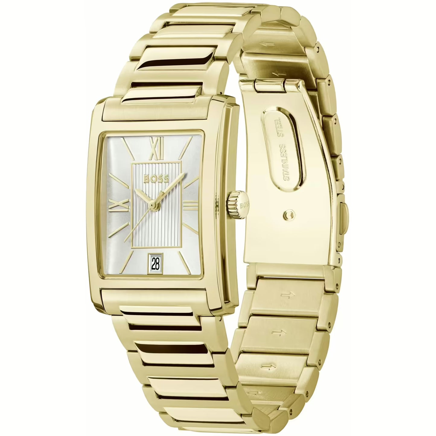 BOSS GOLD RECTANGULAR GENTS STAINLESS STEEL WATCH