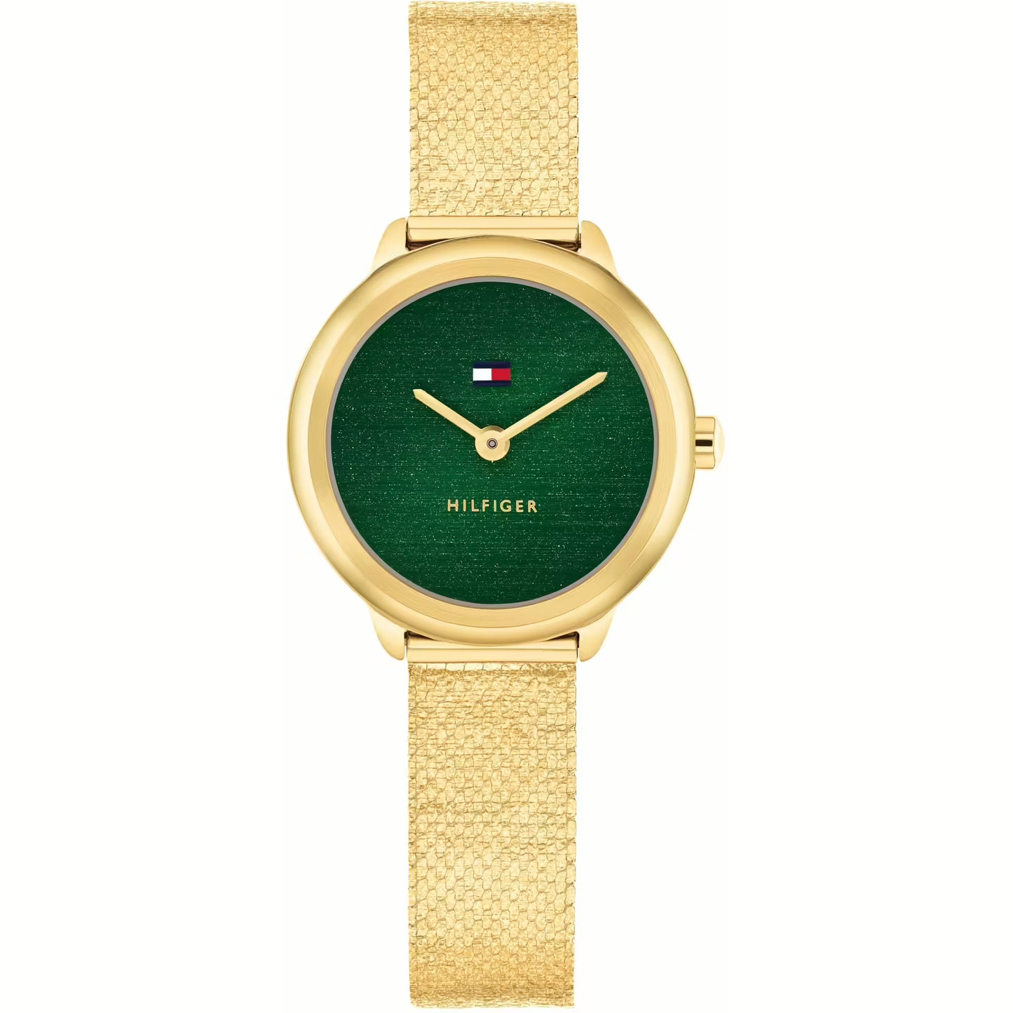 TOMMY HILFIGER GREEN DIAL LADIES GOLD MESH WATCH