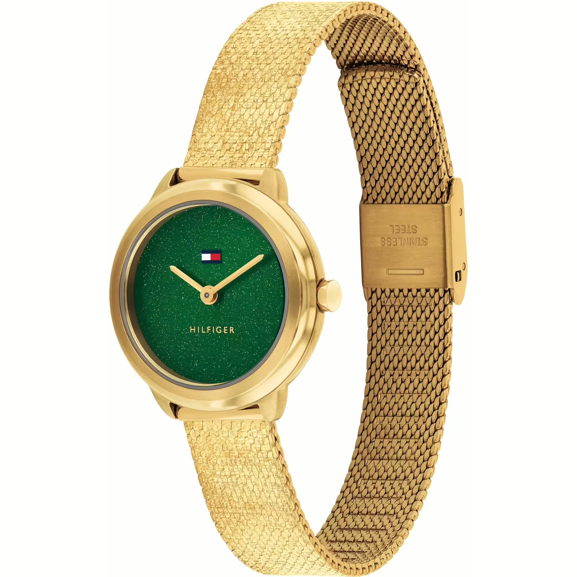 TOMMY HILFIGER GREEN DIAL LADIES GOLD MESH WATCH