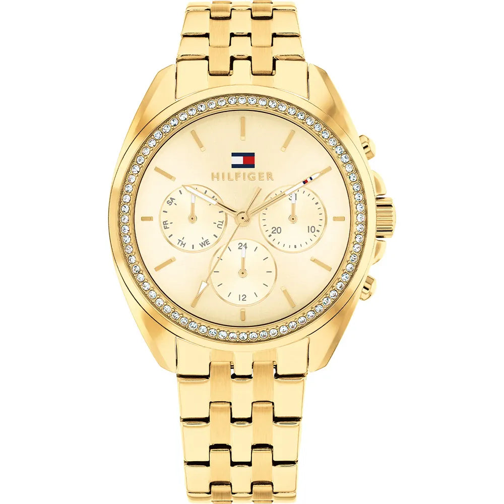 TOMMY HILFIGER CHRONO PAVE LADIES GOLD STAINLESS STEEL WATCH
