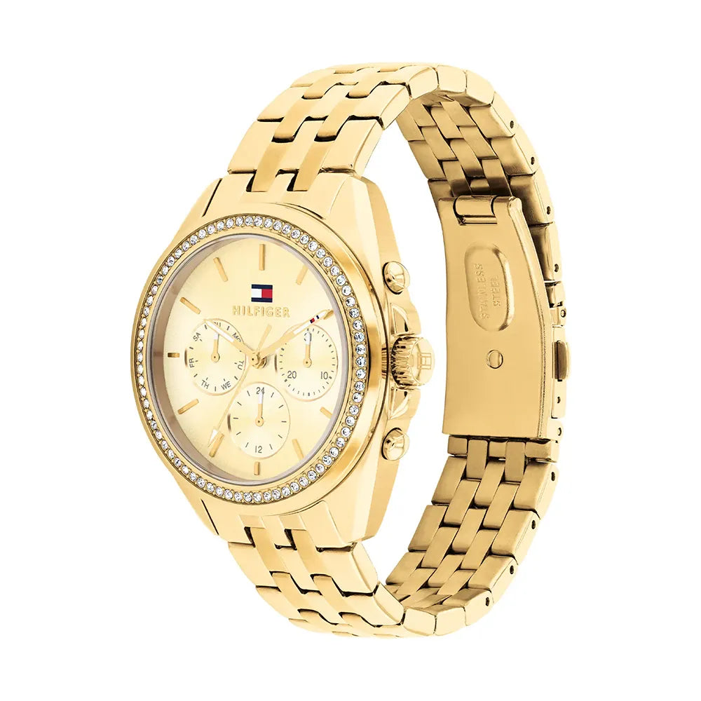 TOMMY HILFIGER CHRONO PAVE LADIES GOLD STAINLESS STEEL WATCH