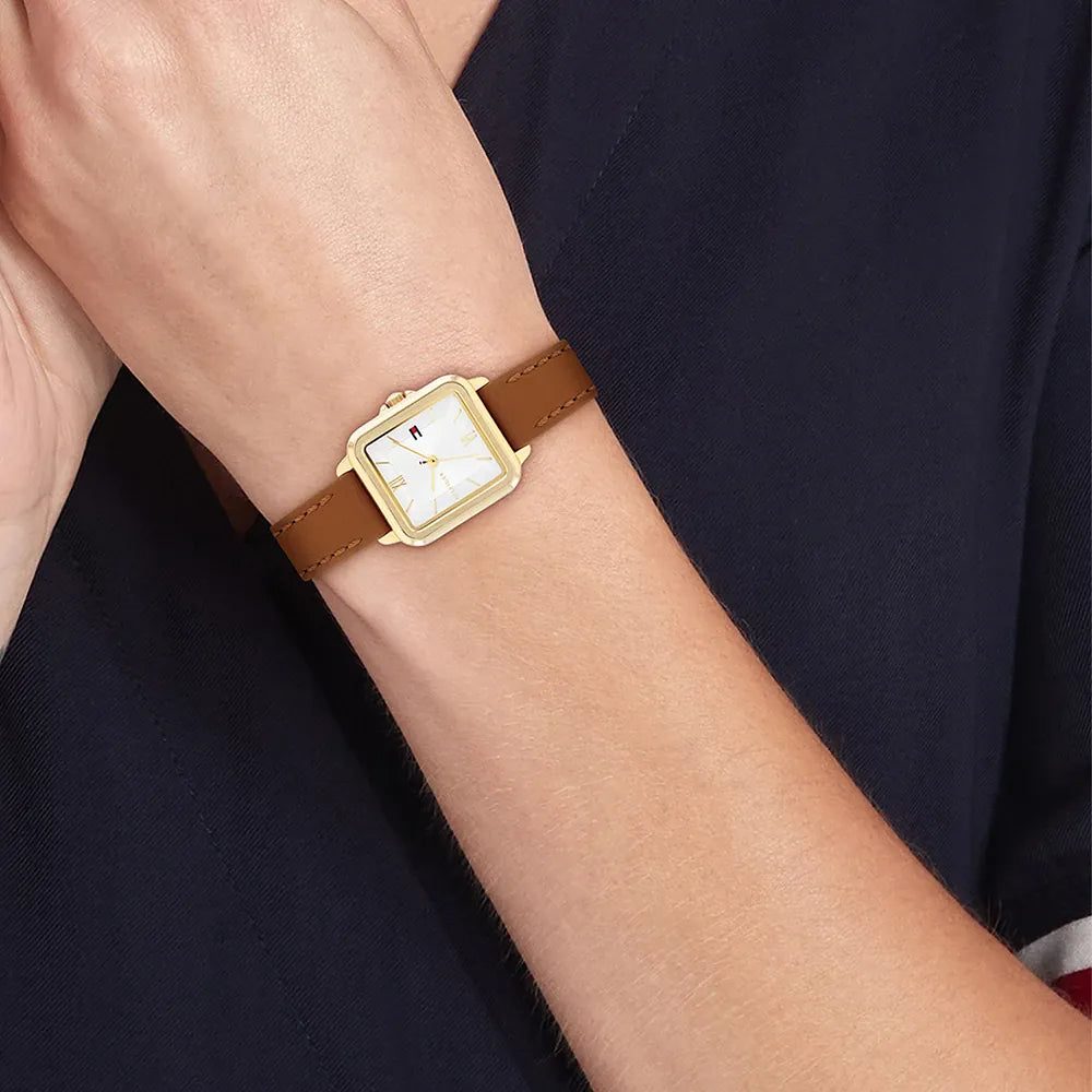 TOMMY HILFIGER GOLD DIAL LADIES BROWN LEATHER WATCH