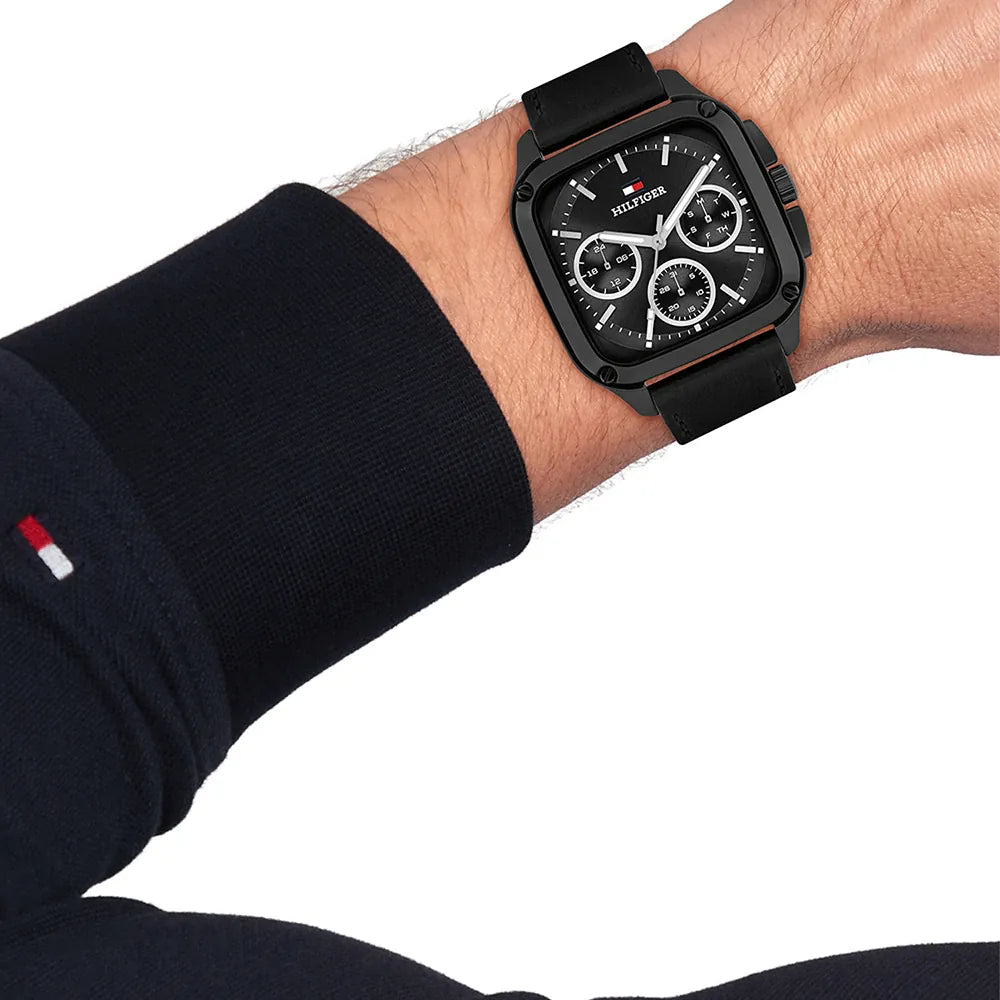 TOMMY HILFIGER BLACK CHRONO GENTS BLACK LEATHER WATCH