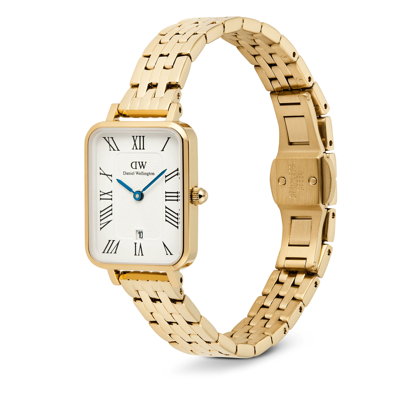 DANIEL WELLINGTON QUADRO ROMAN NUMERALS WHITE DIAL WITH DATE LADIES GOLD STAINLESS STEEL WATCH