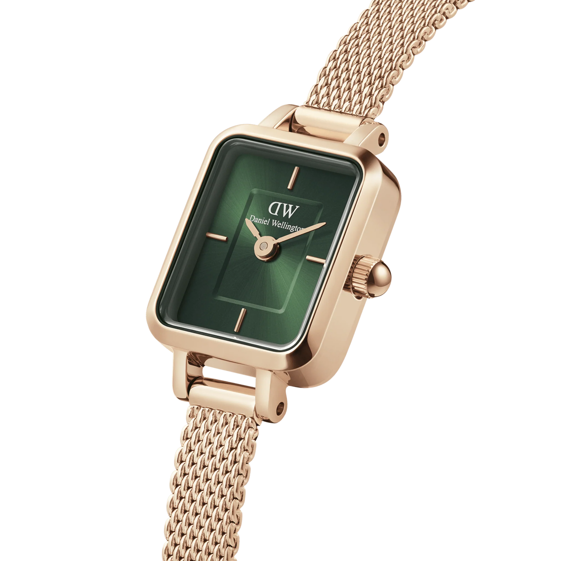 DANIEL WELLINGTON QUADRO MINI EMERALD SQUARE DIAL LADIES ROSEGOLD MESH WATCH