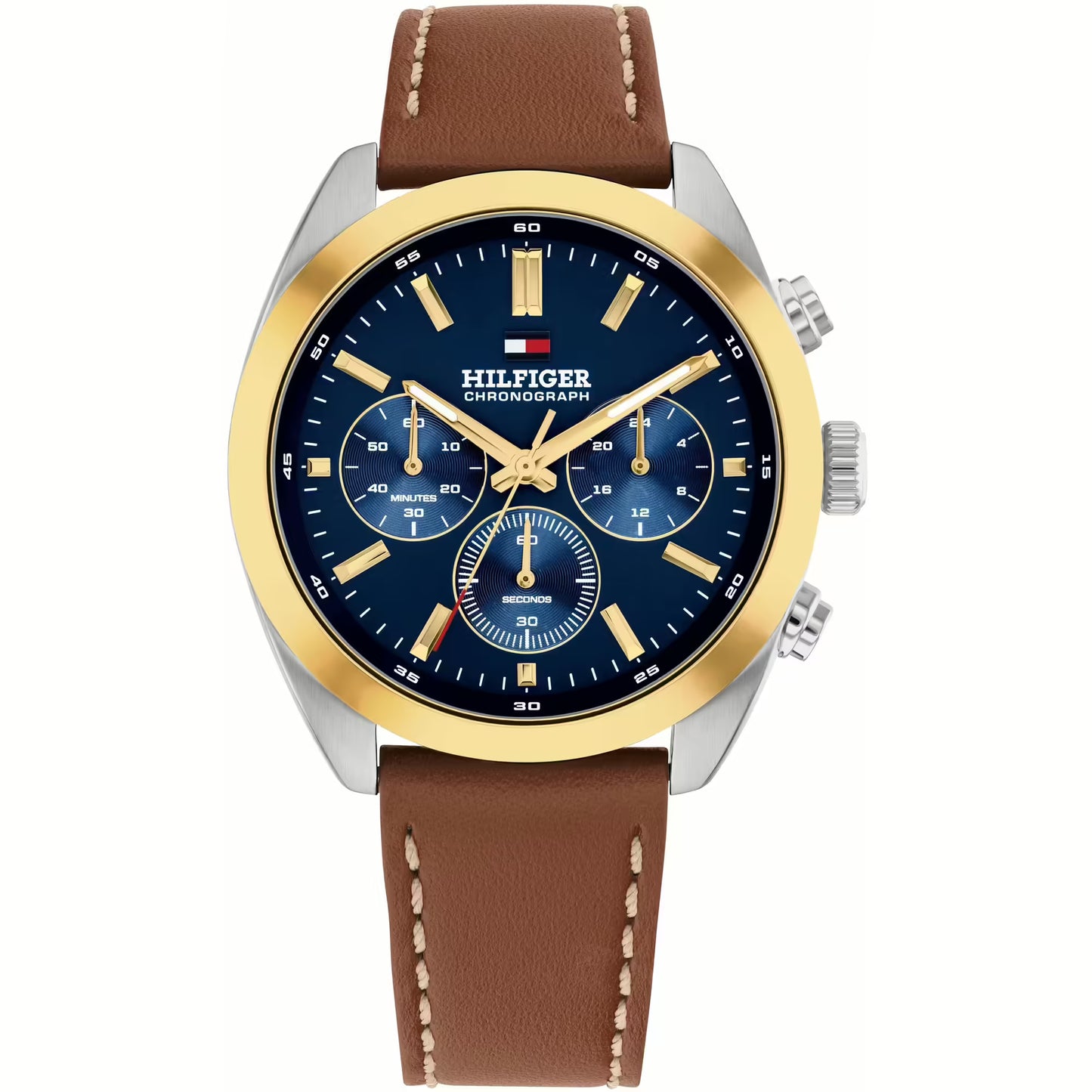TOMMY HILFIGER NAVY CHRONOGRAPH GENTS BROWN LEATHER WATCH
