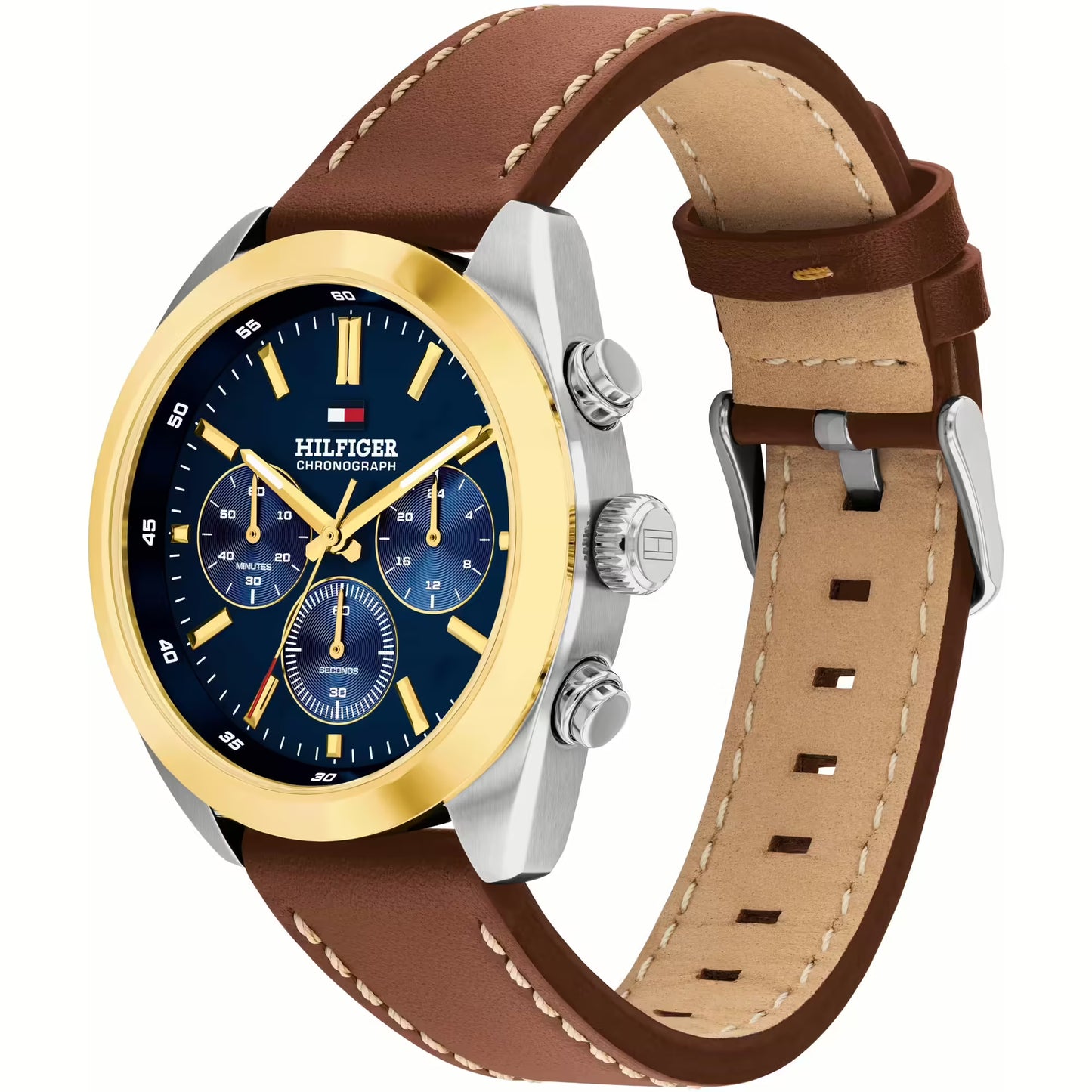 TOMMY HILFIGER NAVY CHRONOGRAPH GENTS BROWN LEATHER WATCH